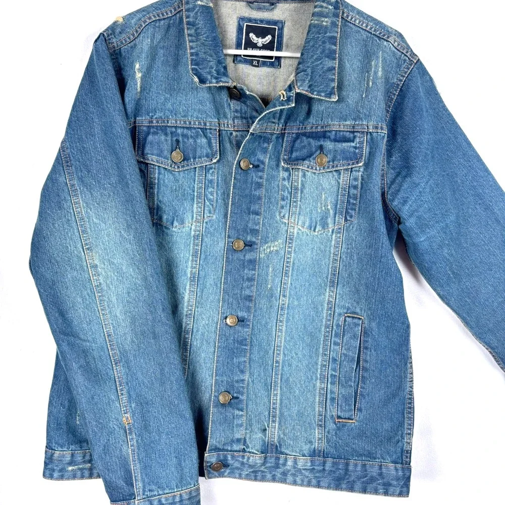 Distressed Denim Jean Jacket Mens XL Medium Wash Collar Button Front - Picture 3 of 7